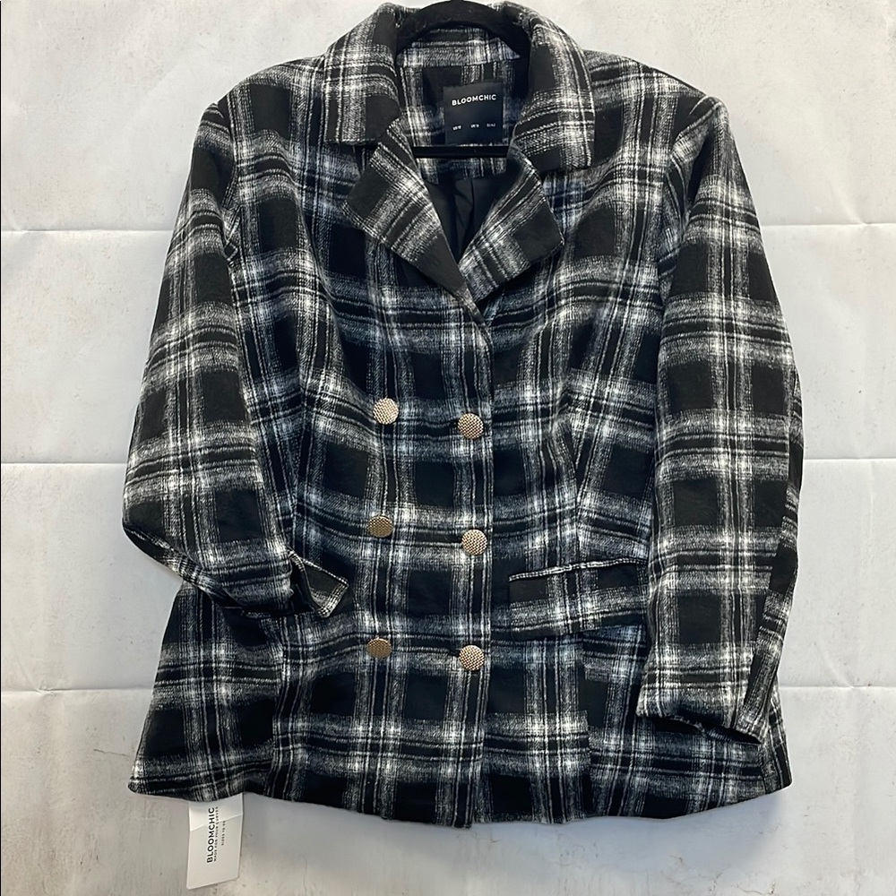 BloomChic, Double-Breasted Jacket, Black and White Plaid (12)